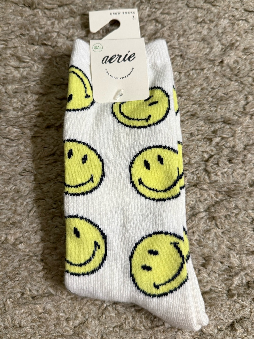 Aerie White Neon Yellow Smiley Face Design Crew Socks NWT